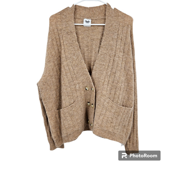 Tach Clothing Cardigan Tan Amira Alpaca Wool Fuzzy Knit Button Pockets Size S - Picture 1 of 6